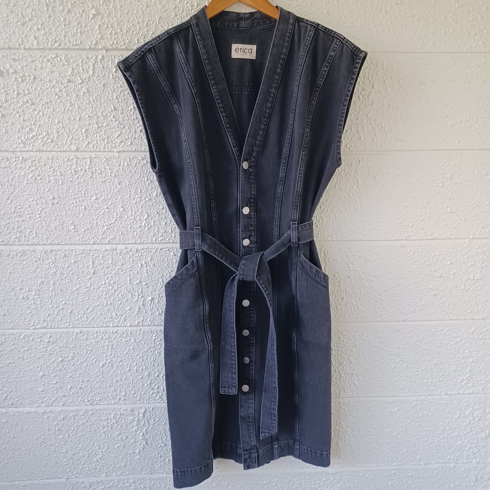 Etica Womens Washed Black Denim Button Front Midi Dress Belted Pockets Size M